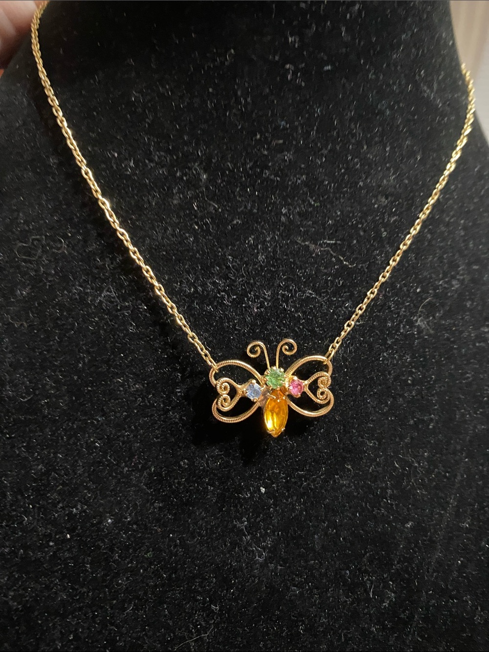 Gold Butterfly Pendant Necklace with Multicolor Stones
